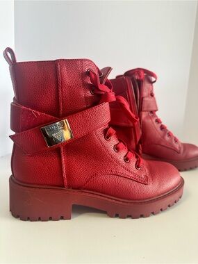 GUESS Womens Red Faux Leather Zip Up Combat Boots Size 7.5 Gold Accents